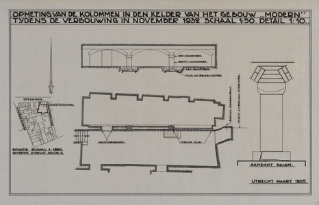 216242 Opmeting van de kelder onder de panden Donkerstraat 1-5 (gebouw Modern) te Utrecht; plattegrond, doorsnede en ...